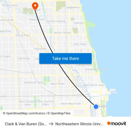 Clark & Van Buren (South) to Northeastern Illinois University map