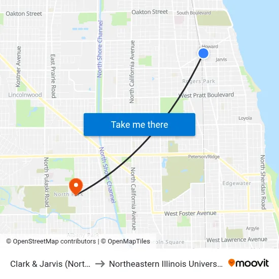 Clark & Jarvis (North) to Northeastern Illinois University map