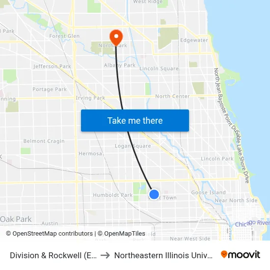 Division & Rockwell (East) to Northeastern Illinois University map