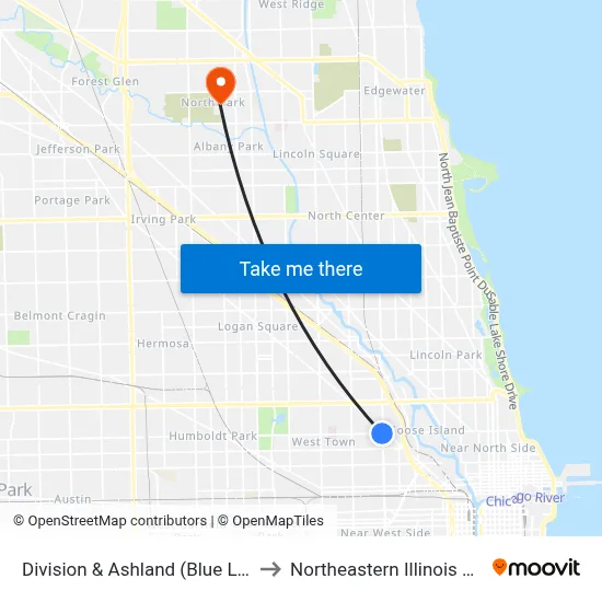 Division & Ashland (Blue Line) (East) to Northeastern Illinois University map
