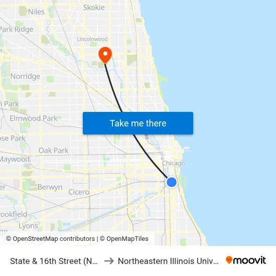 State & 16th Street (North) to Northeastern Illinois University map