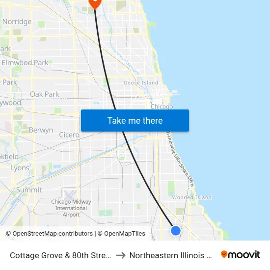 Cottage Grove & 80th Street (South) to Northeastern Illinois University map