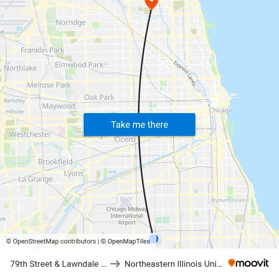 79th Street & Lawndale (East) to Northeastern Illinois University map