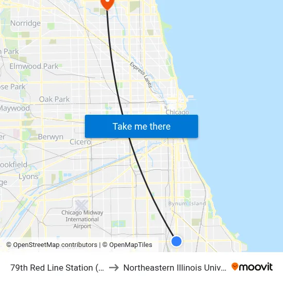 79th Red Line Station (East) to Northeastern Illinois University map