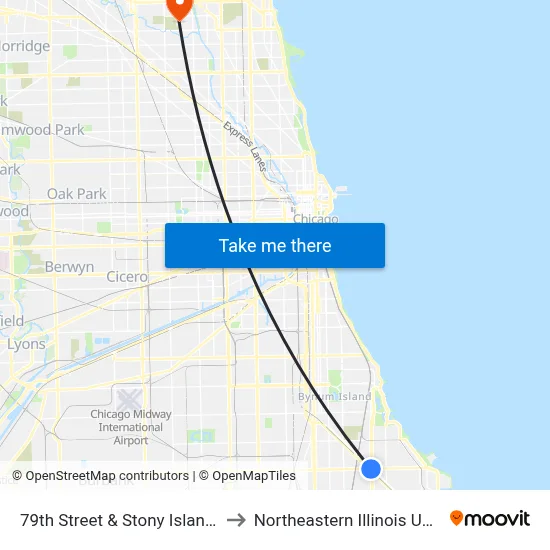 79th Street & Stony Island (East) to Northeastern Illinois University map