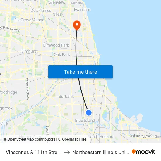 Vincennes & 111th Street (Ne) to Northeastern Illinois University map