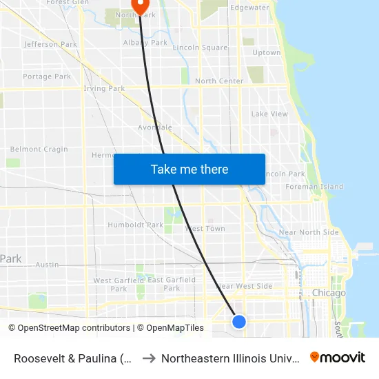 Roosevelt & Paulina (East) to Northeastern Illinois University map