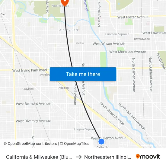California & Milwaukee (Blue Line) (South) to Northeastern Illinois University map