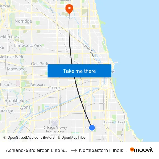 Ashland/63rd Green Line Station (West) to Northeastern Illinois University map