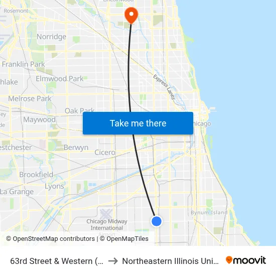 63rd Street & Western (West) to Northeastern Illinois University map
