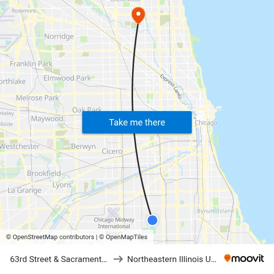 63rd Street & Sacramento (West) to Northeastern Illinois University map