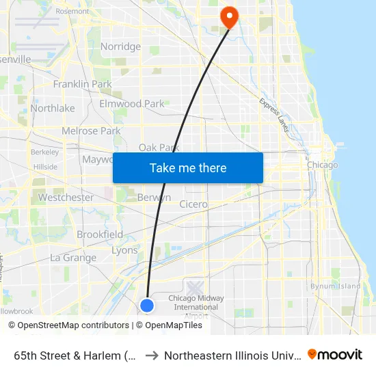 65th Street & Harlem (West) to Northeastern Illinois University map