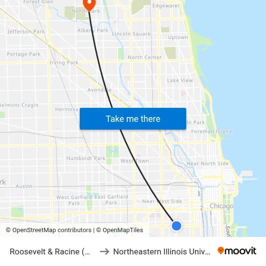 Roosevelt & Racine (West) to Northeastern Illinois University map