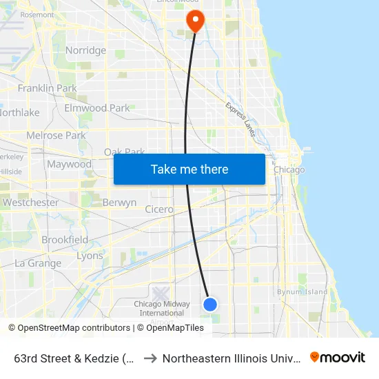 63rd Street & Kedzie (East) to Northeastern Illinois University map