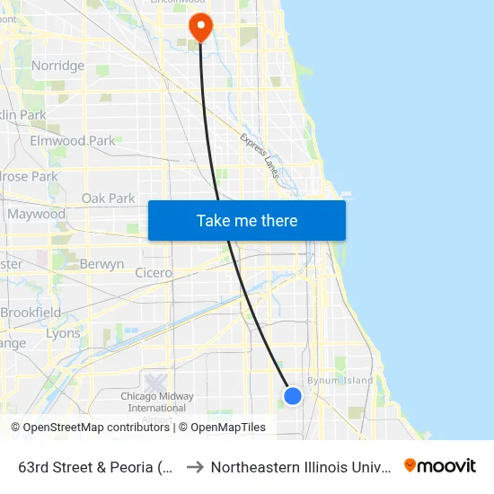 63rd Street & Peoria (East) to Northeastern Illinois University map