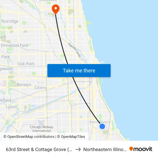 63rd Street & Cottage Grove (Green Line) (East) to Northeastern Illinois University map