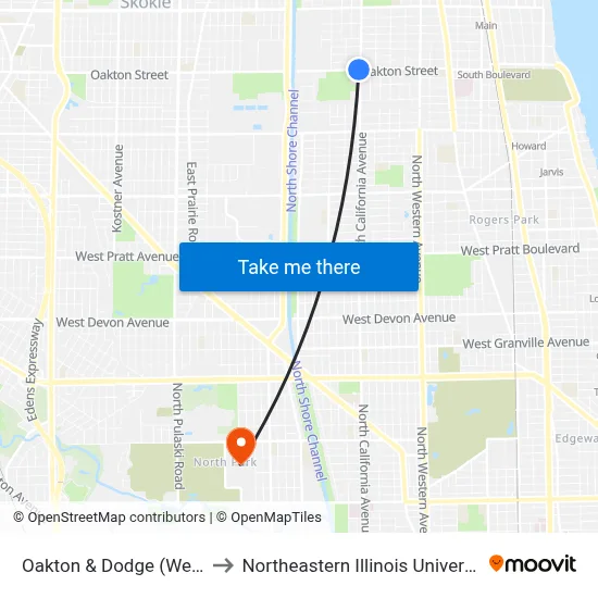 Oakton & Dodge (West) to Northeastern Illinois University map