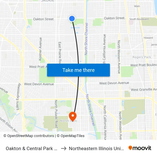 Oakton & Central Park (East) to Northeastern Illinois University map