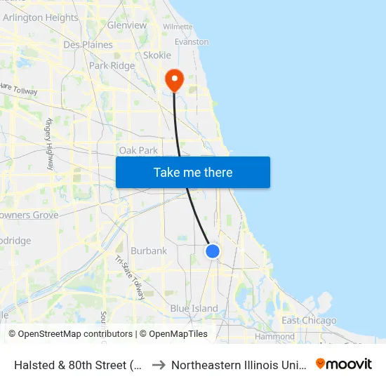 Halsted & 80th Street (South) to Northeastern Illinois University map