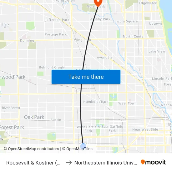 Roosevelt & Kostner (West) to Northeastern Illinois University map