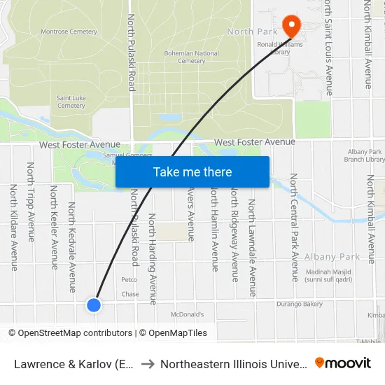 Lawrence & Karlov (East) to Northeastern Illinois University map