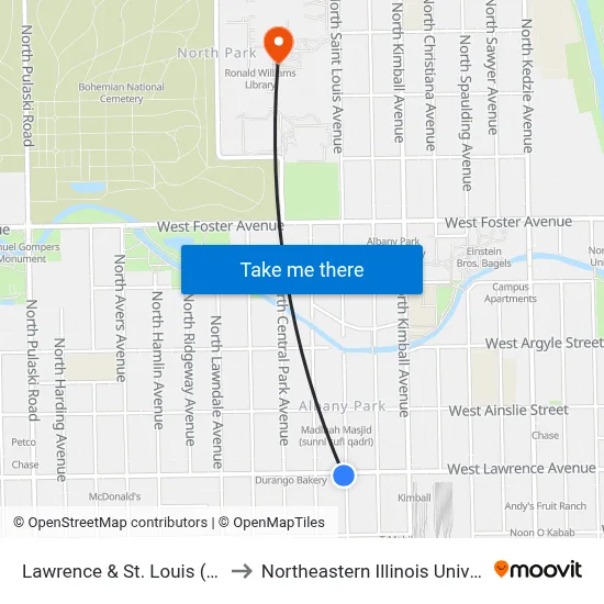 Lawrence & St. Louis (East) to Northeastern Illinois University map