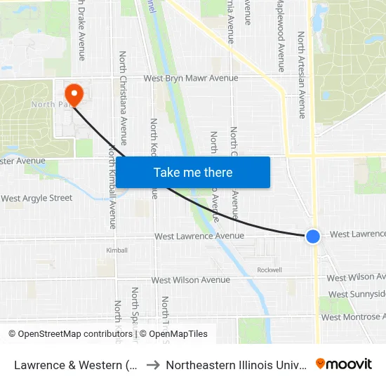 Lawrence & Western (East) to Northeastern Illinois University map