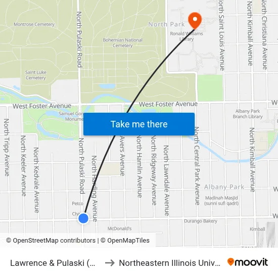 Lawrence & Pulaski (West) to Northeastern Illinois University map