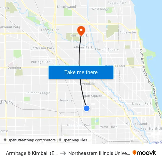 Armitage & Kimball (East) to Northeastern Illinois University map