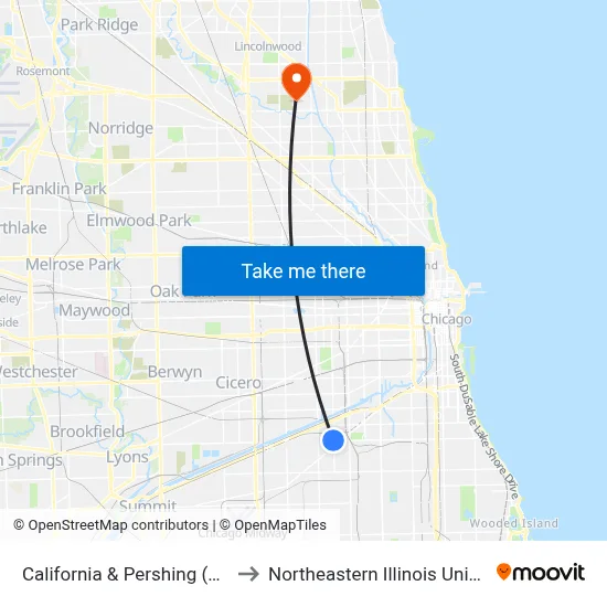 California & Pershing (South) to Northeastern Illinois University map