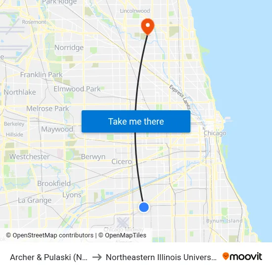 Archer & Pulaski (Ne) to Northeastern Illinois University map
