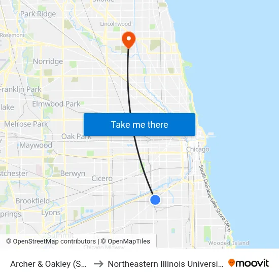 Archer & Oakley (Sw) to Northeastern Illinois University map