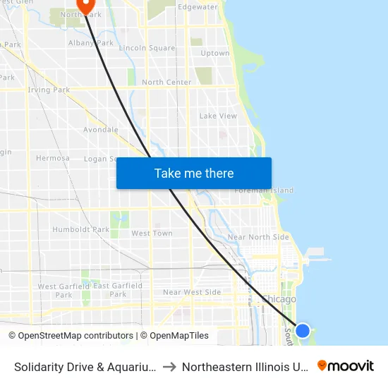 Solidarity Drive & Aquarium (East) to Northeastern Illinois University map