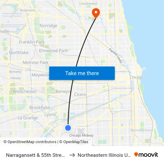 Narragansett & 55th Street (South) to Northeastern Illinois University map