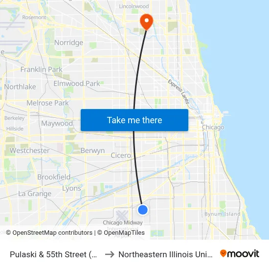 Pulaski & 55th Street (North) to Northeastern Illinois University map