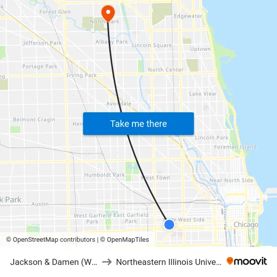 Jackson & Damen (West) to Northeastern Illinois University map