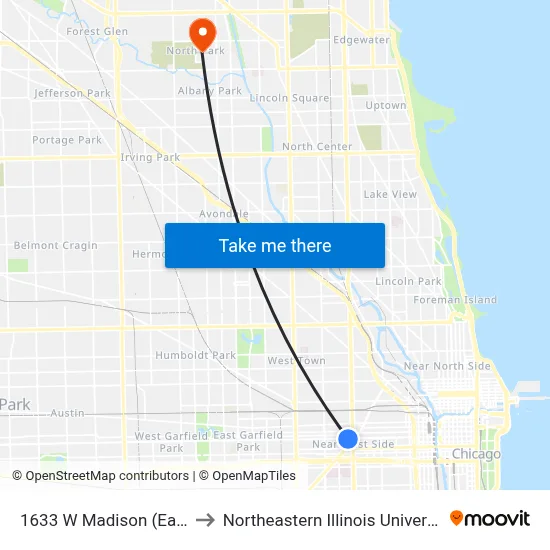 1633 W Madison (East) to Northeastern Illinois University map