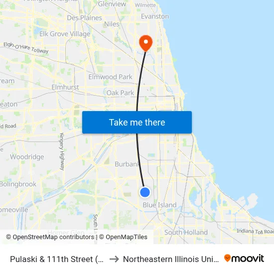 Pulaski & 111th Street (South) to Northeastern Illinois University map