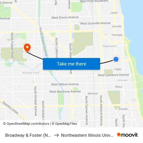Broadway & Foster (North) to Northeastern Illinois University map