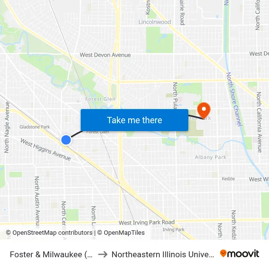 Foster & Milwaukee (Sw) to Northeastern Illinois University map