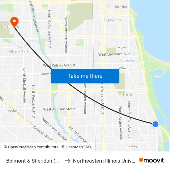 Belmont & Sheridan (West) to Northeastern Illinois University map