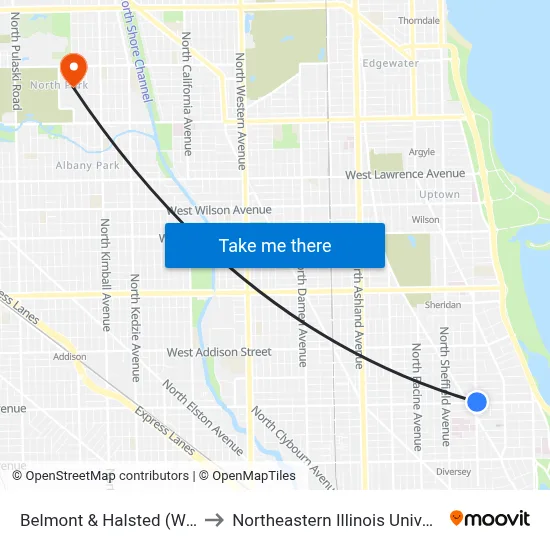 Belmont & Halsted (West) to Northeastern Illinois University map
