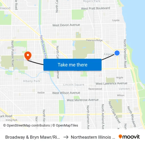 Broadway & Bryn Mawr/Ridge (South) to Northeastern Illinois University map