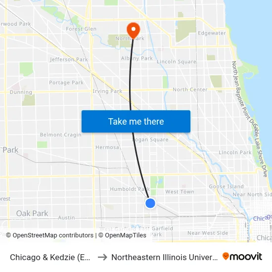 Chicago & Kedzie (East) to Northeastern Illinois University map