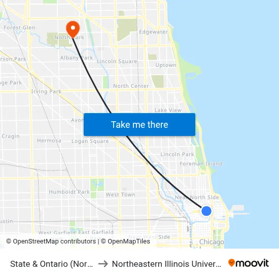 State & Ontario (North) to Northeastern Illinois University map