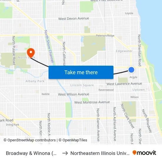 Broadway & Winona (North) to Northeastern Illinois University map