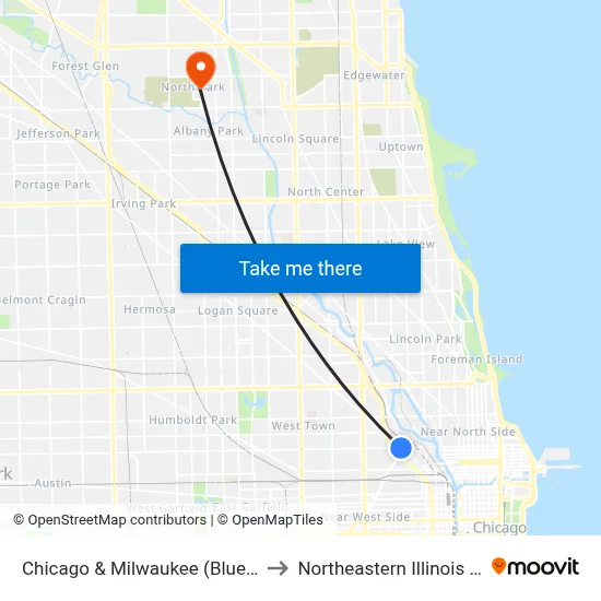 Chicago & Milwaukee (Blue Line) (East) to Northeastern Illinois University map