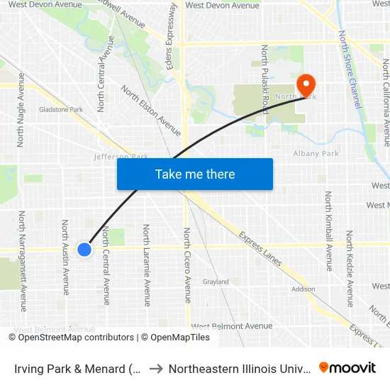 Irving Park & Menard (East) to Northeastern Illinois University map