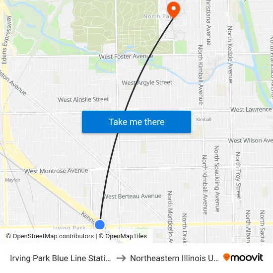 Irving Park Blue Line Station (West) to Northeastern Illinois University map