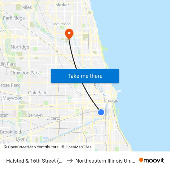 Halsted & 16th Street (South) to Northeastern Illinois University map